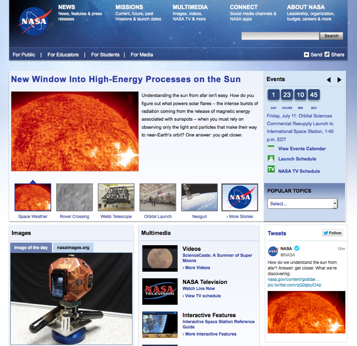The NASA.gov homepage in 2014, leading with the headline “New Window Into High-Energy Processes on the Sun”